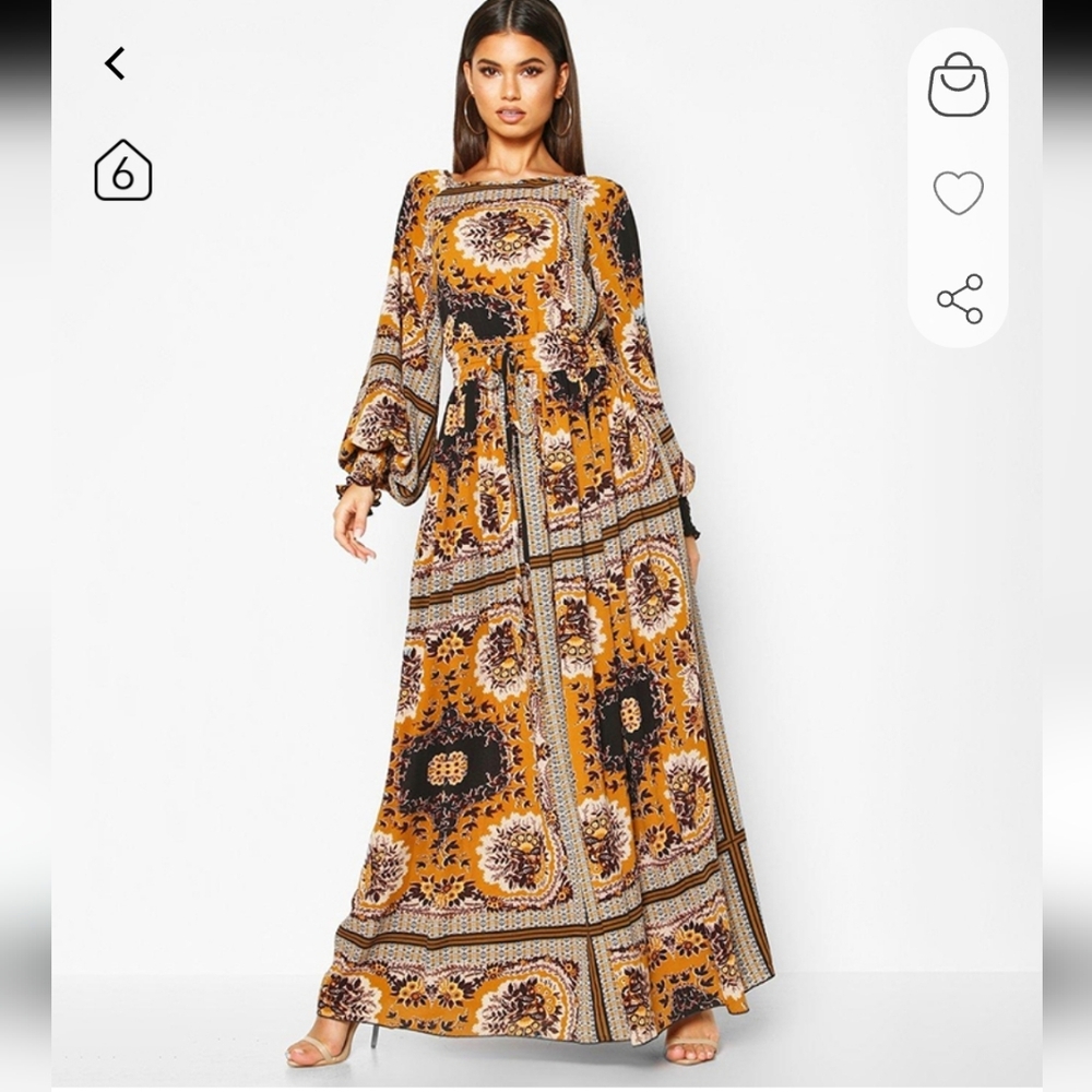 Boohoo Mustard and Black Scarf Print Maxi Dress